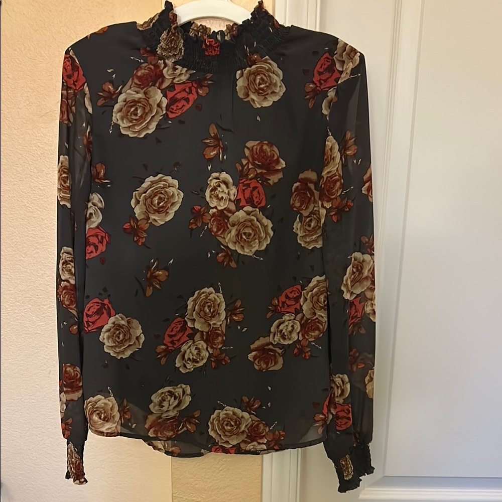 Brown Ruffled Blouse with Bib Collar and Long Sleeves